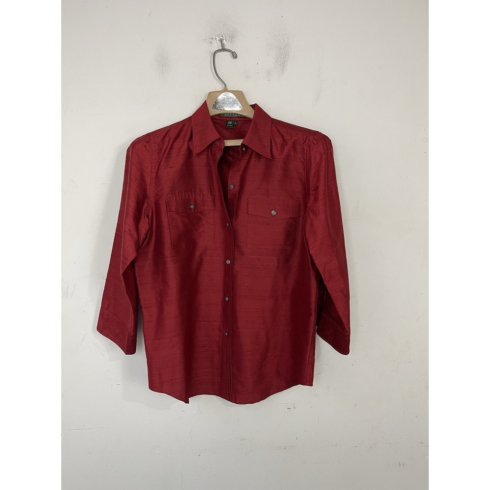 LRL Ralph Lauren Womens Shirt 8 Red 100% Silk Button Up Holiday Capsule Layering